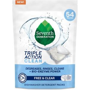 imageSeventh Generation Triple Action Clean Automatic Dishwasher Detergent Packs with BioEnzyme Power Free ampamp Clear Fights 48hour Stuckon Food 54 count