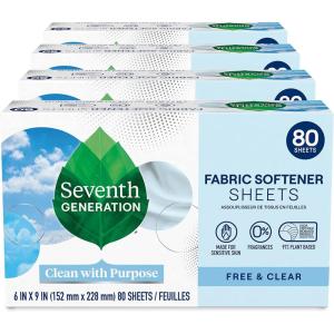 imageSeventh Generation Dryer Sheets Fabric Softener Fresh Lavender Scent with 100 Essential Oils and Botanical Ingredients 80 Sheets Pack of 4Free and Clear
